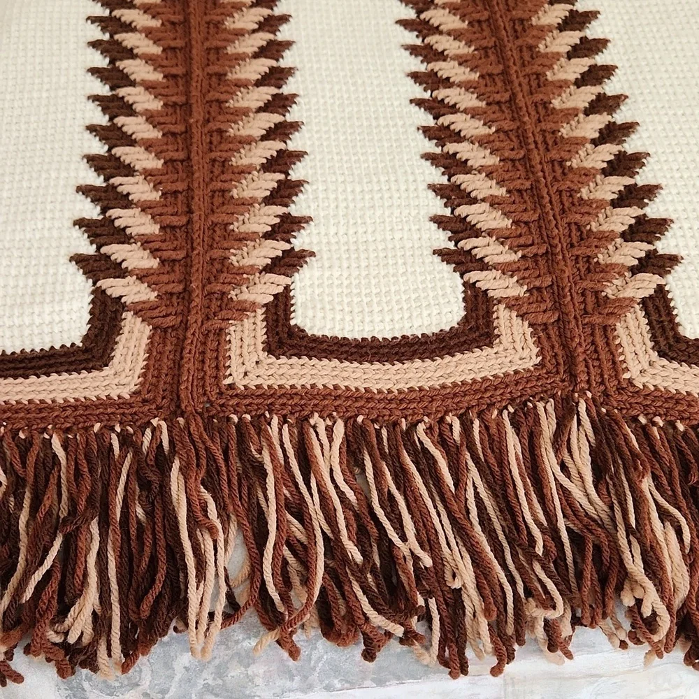 Vintage Afghan with Fringe Hand Made Earthy Colors Boho